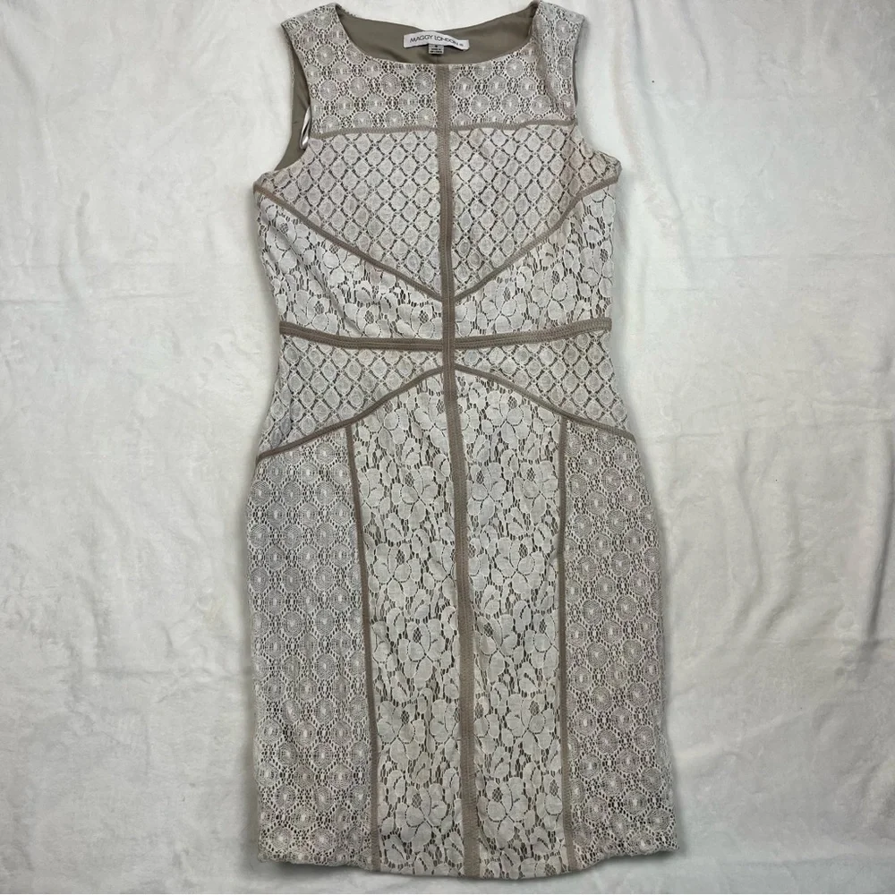 Maggy London Ivory Lace and Tan Bodycon Dress size 8 - Picture 1 of 7